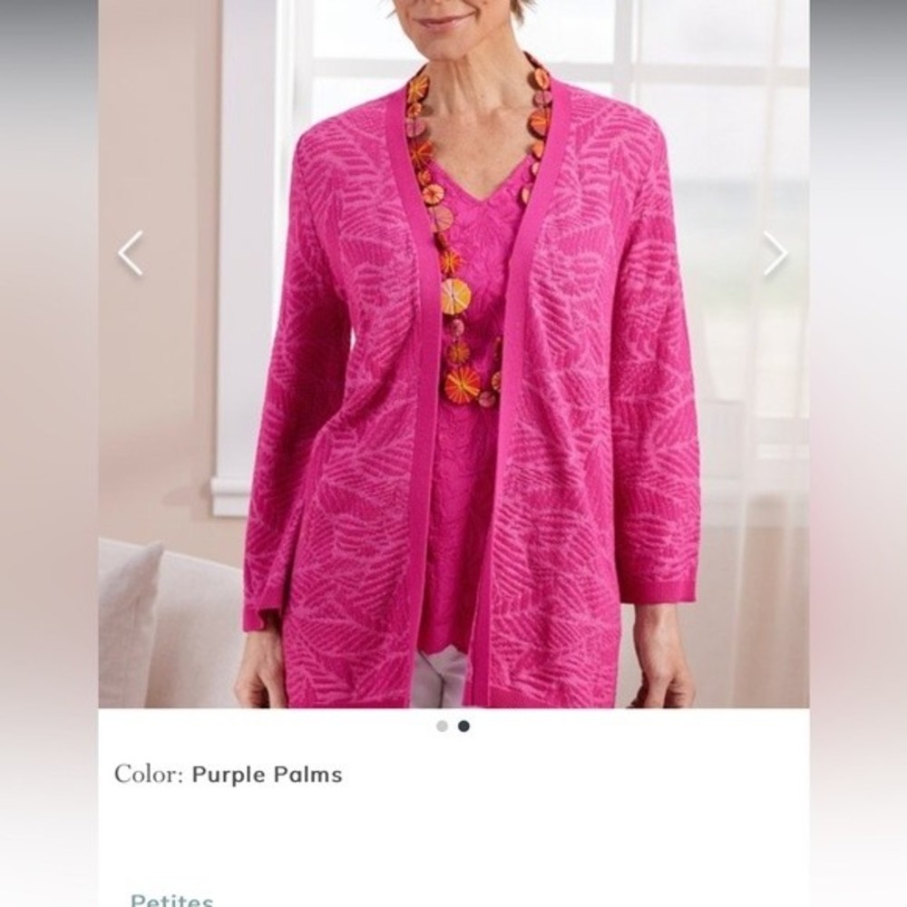 Soft Surroundings Cardigan Kinsley Sweater Barbie Pink Palm Print Sz L NEW